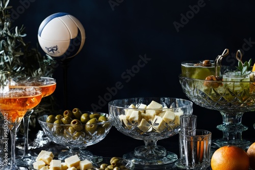 Elegant party table setting featuring cocktails, fruits, and a volleyball. Perfect for celebrations and gatherings. Stylish and festive decor for fun occasions. Generative AI photo