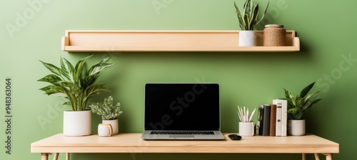 Modern workspace setup with plants and a laptop on a wooden desk against a green wall photo