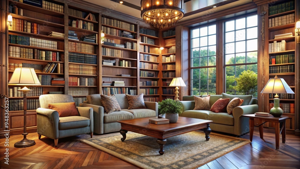 Cozy library room filled with books and comfortable seating Cozy library room filled with books and comfortable seating