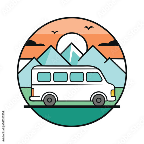 Minimalist travel logo vector for ‘Travely’ with van and nature elements in turquoise, orange, and mint. photo