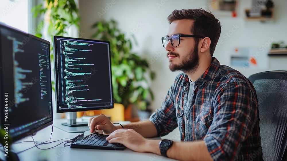A young man programming at a well-lit workspace with multiple monitors and green plants around him during the day A young man programming at a well-lit workspace with multiple monitors and green plants around him during the day