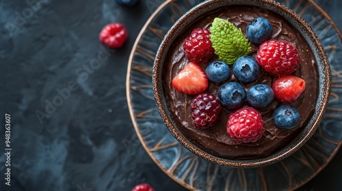 A close-up overhead shot of a chocolate mousse dessert topped with fresh raspberries, blueberries, and a sprig of mint on a dark grey textured background.