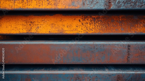 A detailed close-up of orange metal beams with a rustic, weathered texture. The image highlights the industrial and aged essence, showcasing the beauty of wear and tear over time.