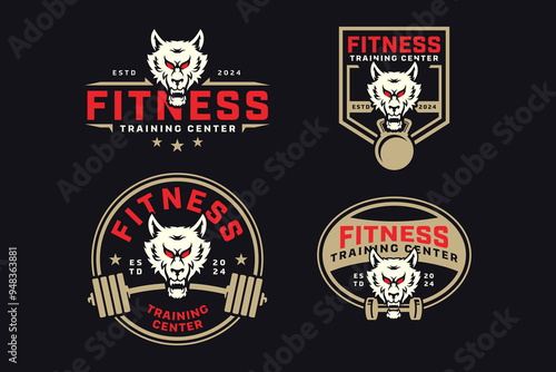wolf or canine with power bar, barbell and kettlebell badge logo design collection for fitness, gym, bodybuilding, weightlifting club