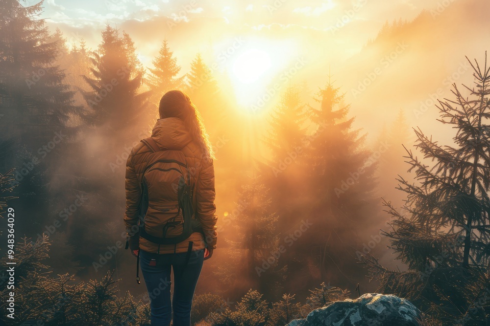 Obraz premium Woman with Backpack Standing in a Foggy Forest at Sunset