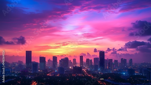 Wallpaper Mural A cityscape bathed in sunset, with vibrant pink and blue clouds creating a stunning backdrop. Torontodigital.ca