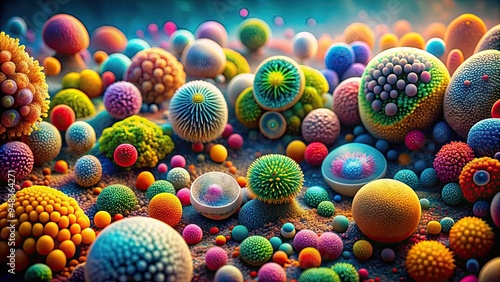 Chromatic Microcosm: Stunningly vibrant microscopic scenes, showcasing the diversity of cellular life, with bold color contrasts and abstract compositions. photo