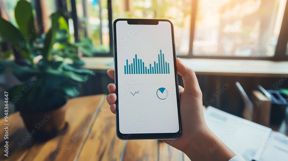 Fototapeta premium Woman hand holding modern smartphone mockup with white screen on financial accounting of profit summary graphs analysis background