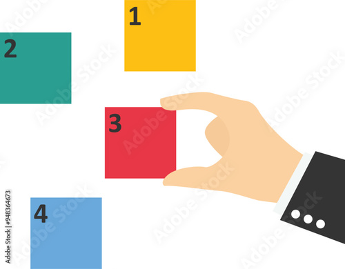 Businessman manage to prioritize sticky note with number. Arrange to do list before and after, task management. Flat vector illustration

