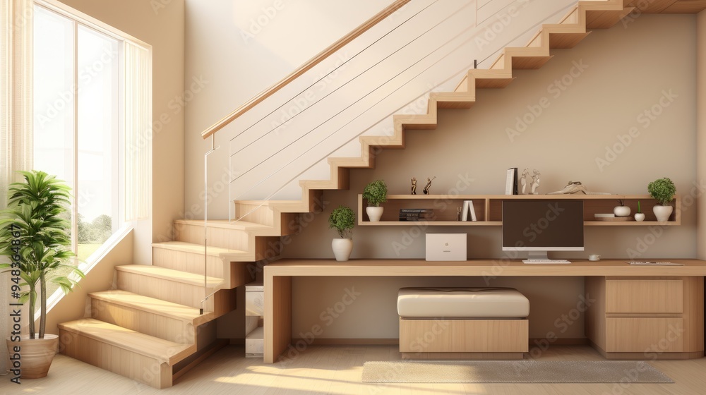 Fototapeta premium Modern minimalist interior featuring a wooden staircase and a cozy home office setup in soft afternoon light