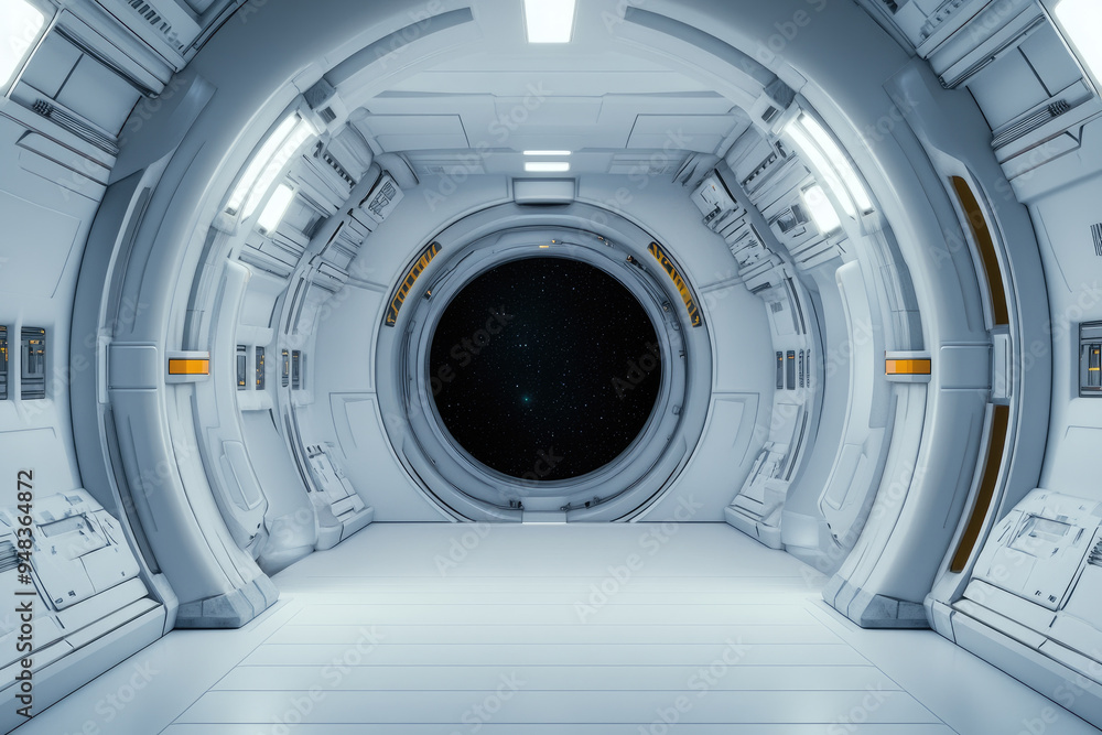 Futuristic spaceship interior, sleek white walls with glowing fixtures, a large circular window revealing the endless expanse of outer space, advanced technology integrated. Futuristic spaceship interior, sleek white walls with glowing fixtures, a large circular window revealing the endless expanse of outer space, advanced technology integrated.