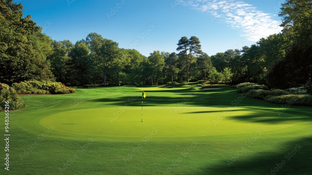 A pristine golf green with a centered flagstick, hole in the foreground, surrounded by lush greenery under a clear blue sky A pristine golf green with a centered flagstick, hole in the foreground, surrounded by lush greenery under a clear blue sky