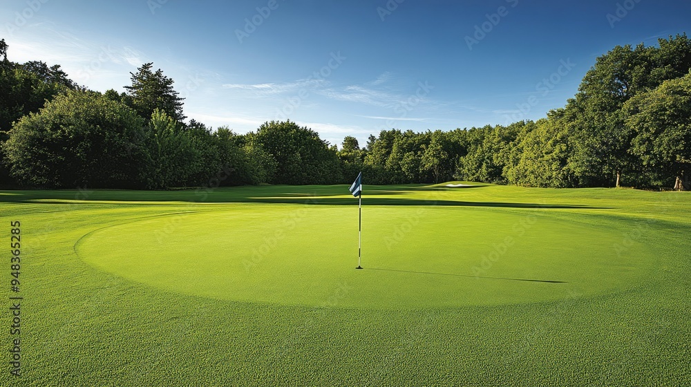 Obraz premium A pristine golf green with a centered flagstick, hole in the foreground, surrounded by lush greenery under a clear blue sky
