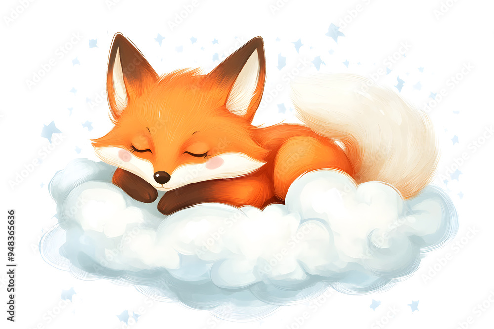 Fototapeta premium Cute little fox watercolor cartoon illustration isolated on a white background