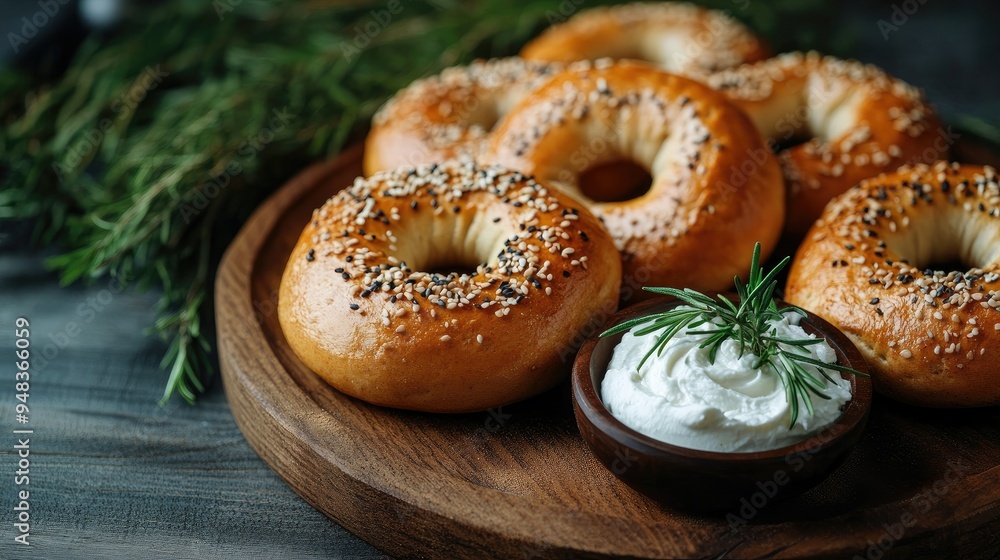 A selection of freshly baked bagels on a rustic wooden plate, with a side of cream cheese, inviting and delicious. A selection of freshly baked bagels on a rustic wooden plate, with a side of cream cheese, inviting and delicious.