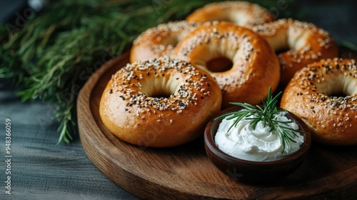 A selection of freshly baked bagels on a rustic wooden plate, with a side of cream cheese, inviting and delicious.