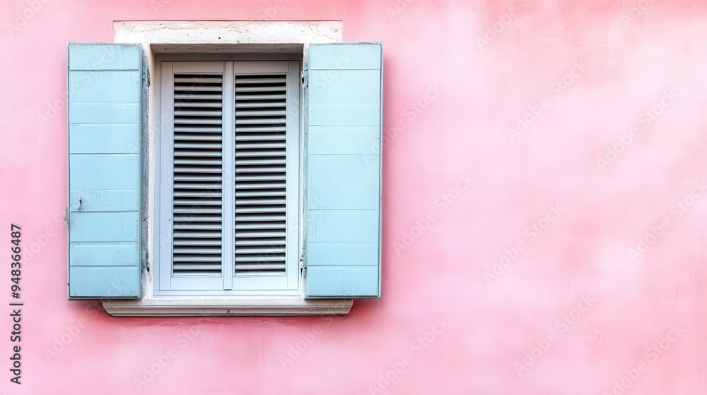 An appealing pastel pink wall meets with a calm blue window adorned with light blue shutters, creating a serene and visually pleasing intersection of soft colors and textures. An appealing pastel pink wall meets with a calm blue window adorned with light blue shutters, creating a serene and visually pleasing intersection of soft colors and textures.