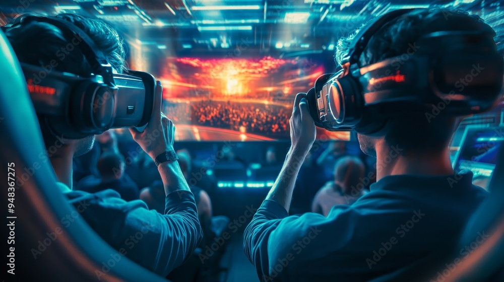 Enthusiastic audience cheers during a high-energy VR esports competition in a futuristic arena Enthusiastic audience cheers during a high-energy VR esports competition in a futuristic arena