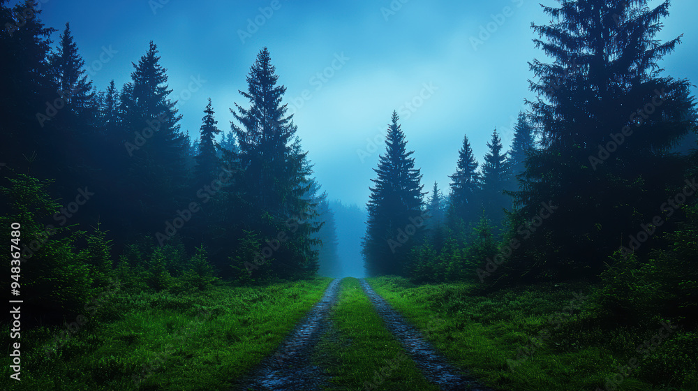 Enchanting forest trail shrouded in mist, with lush greenery and tall pine trees, evoking a sense of serenity and mystery. Enchanting forest trail shrouded in mist, with lush greenery and tall pine trees, evoking a sense of serenity and mystery.