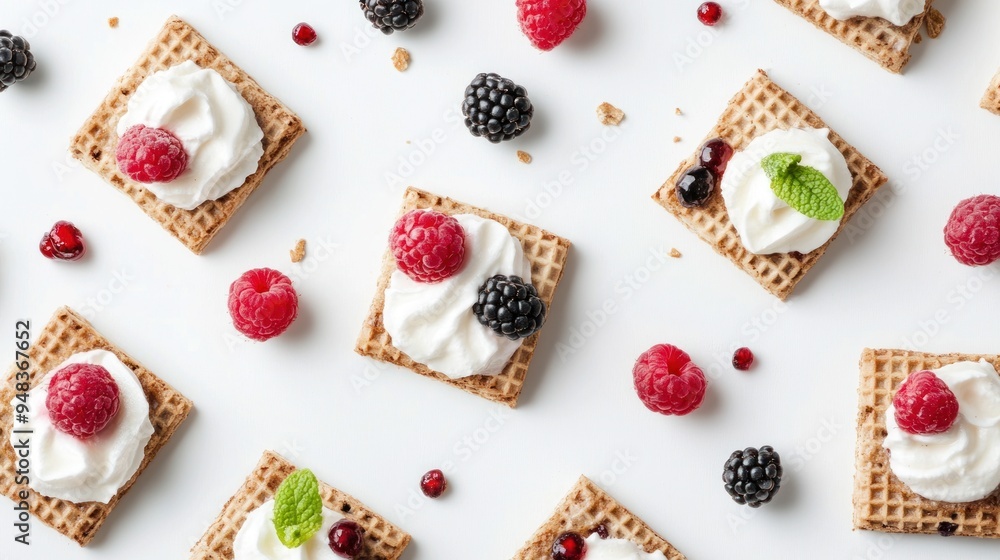 A flat lay of square wafers topped with whipped cream, raspberries, blackberries, and pomegranate seeds on a white background. A flat lay of square wafers topped with whipped cream, raspberries, blackberries, and pomegranate seeds on a white background.
