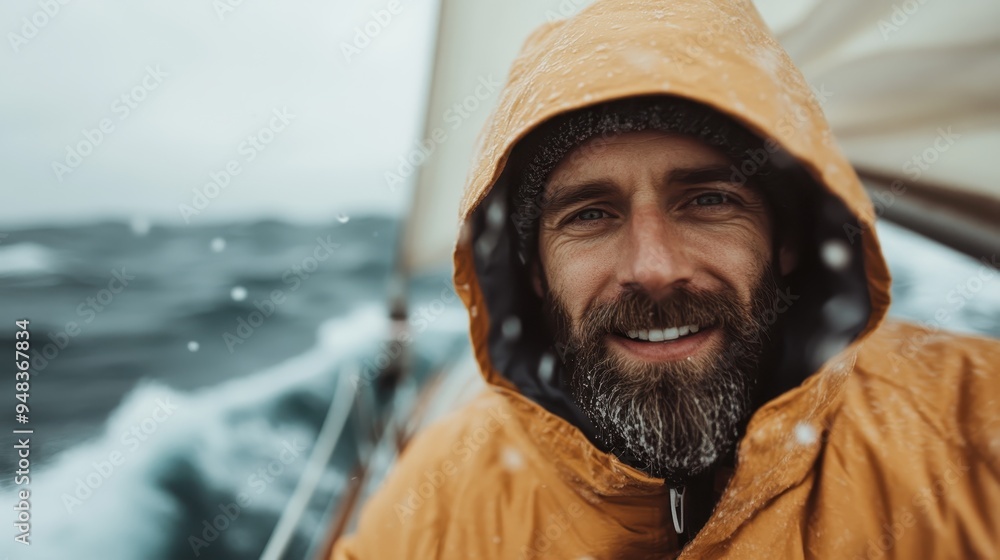Cheerful man on a boat during a storm, wearing a yellow raincoat. Despite the harsh weather conditions, his smile reflects resilience and a positive outlook. Cheerful man on a boat during a storm, wearing a yellow raincoat. Despite the harsh weather conditions, his smile reflects resilience and a positive outlook.