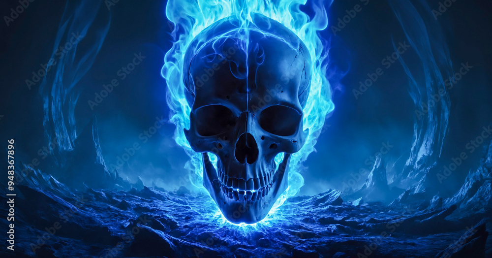 A skull burning with blue flames shines brightly on a dark, foggy background. A skull burning with blue flames shines brightly on a dark, foggy background.