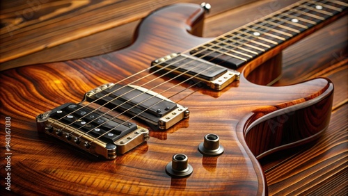 Close-up of a guitar's body showcasing its intricately designed humbucker and single-coil pickups, surrounded by metallic hardware and elegant wood grain patterns. photo