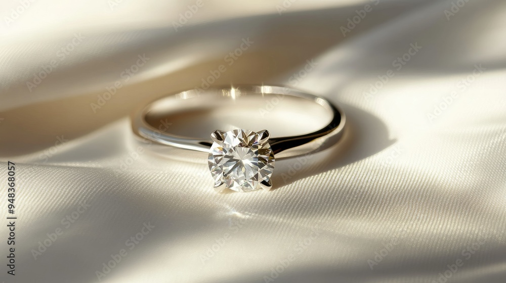 A solitaire diamond ring in silver, meticulously placed on a white backdrop with soft shadows. A solitaire diamond ring in silver, meticulously placed on a white backdrop with soft shadows.