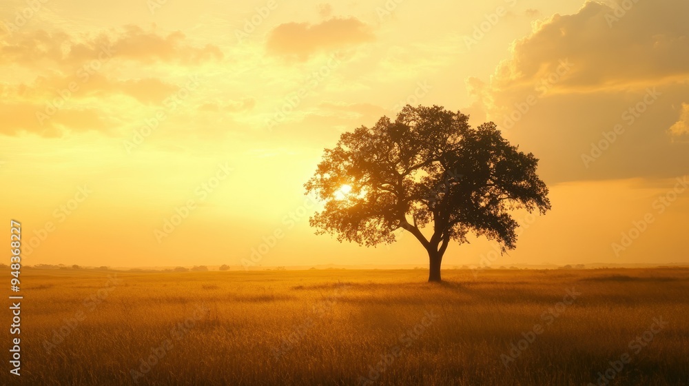 A solitary tree silhouetted against a golden sunset, standing tall in a vast, open field during golden hour A solitary tree silhouetted against a golden sunset, standing tall in a vast, open field during golden hour
