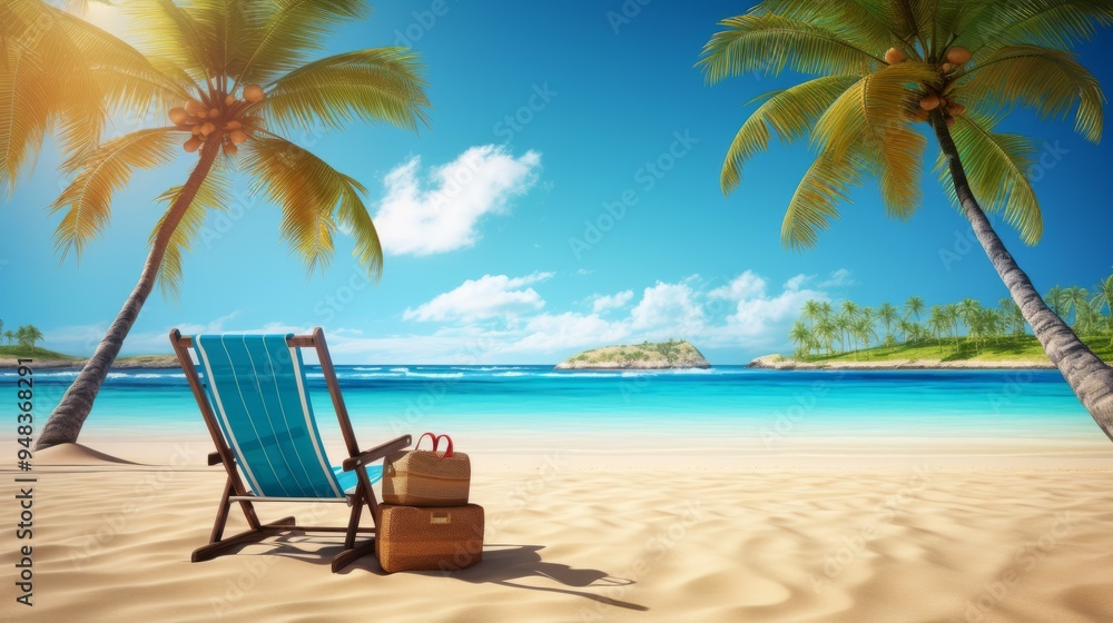 Relaxing by the ocean on a sunny beach with palm trees and a comfortable lounge chair during a summer afternoon Relaxing by the ocean on a sunny beach with palm trees and a comfortable lounge chair during a summer afternoon