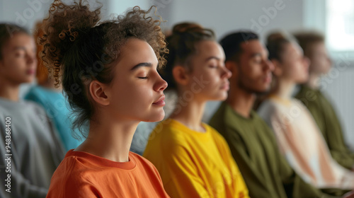 Diverse group of young people practicing mindfulness meditation in a serene, minimalistic indoor setting