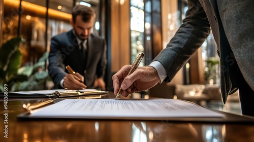 A branded insurance company document, being signed by a client and agent in an office. copy space for text.