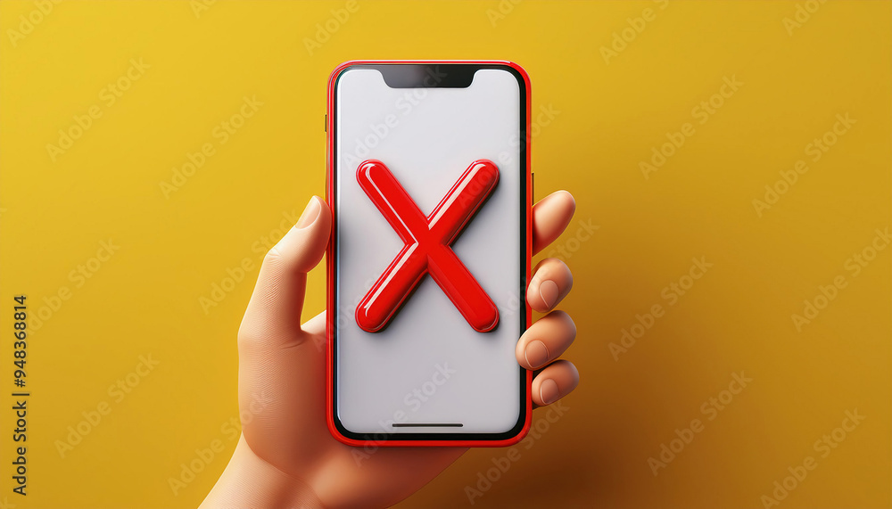 Hand holding a phone with a white screen and a large red X on top of the phone, set against a yellow background, horizontal shot Hand holding a phone with a white screen and a large red X on top of the phone, set against a yellow background, horizontal shot