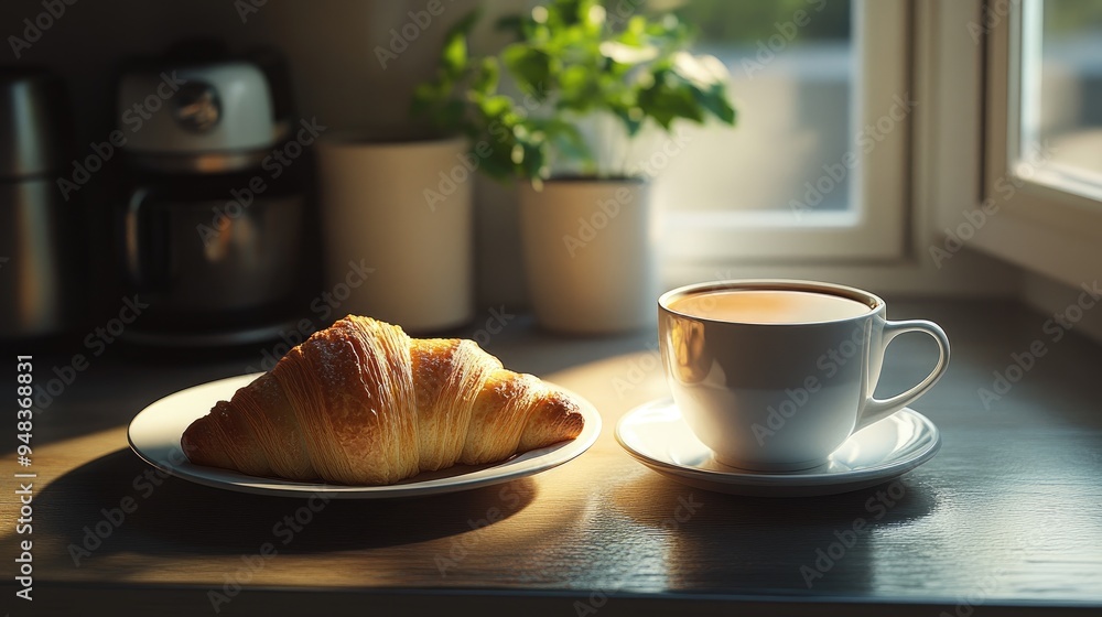 A coffee cup on a kitchen counter, with morning sunlight streaming in through the window and a freshly baked croissant on a plate beside it. A coffee cup on a kitchen counter, with morning sunlight streaming in through the window and a freshly baked croissant on a plate beside it.
