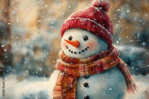 whimsical winter scene adorable watercolor snowman with expressive carrot nose wearing cozy red hat and scarf surrounded by softly falling snowflakes