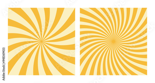 Set of two Abstract Yellow Spiral Patterns on Beige Background. Square Posters with Yellow Groovy Hypnotic Swirls, Retro Inspired Grunge Sun Bursts