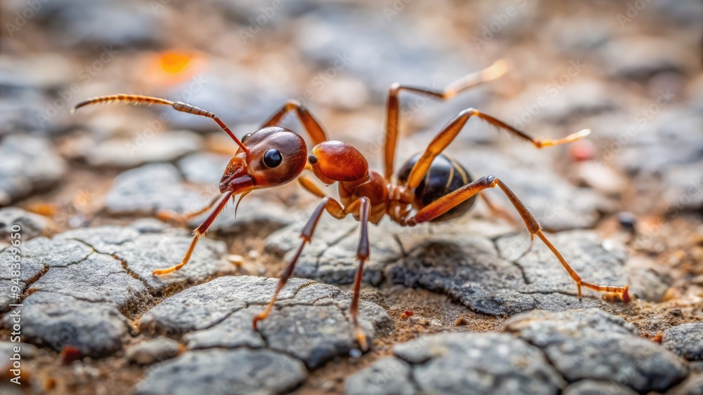 Close-up of a Tetramorium ant, also known as pavement ant, crawling on a cracked concrete surface with tiny cracks and rough texture in the background. Close-up of a Tetramorium ant, also known as pavement ant, crawling on a cracked concrete surface with tiny cracks and rough texture in the background.