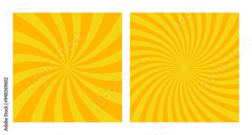 Set of Two Abstract Vector Yellow Spiral Patterns . Square Posters with Orange Shades Groovy Hypnotic Swirls, Retro Inspired Grunge Sun Bursts
