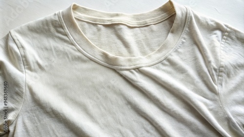 Close-up of a soft, white, worn-in t-shirt with a subtle distressed texture, featuring a slight fade and slightest hints of wrinkles and creases. photo