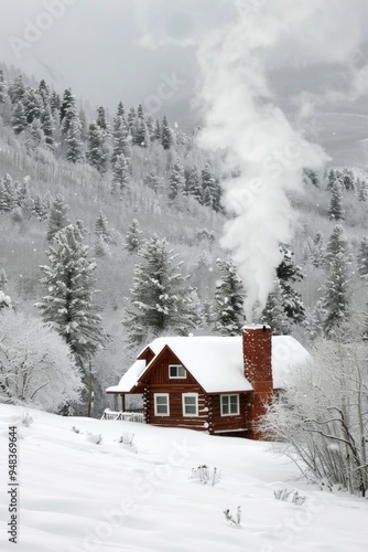 A cozy log cabin nestled in a snowy forest with smoke rising from its chimney.