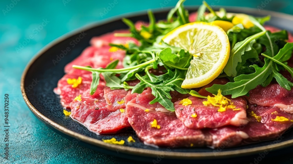 Thinly sliced beef carpaccio with lemon zest and arugula, minimalist style, sharp focus, ample negative space, gradient background in teal and navy blue