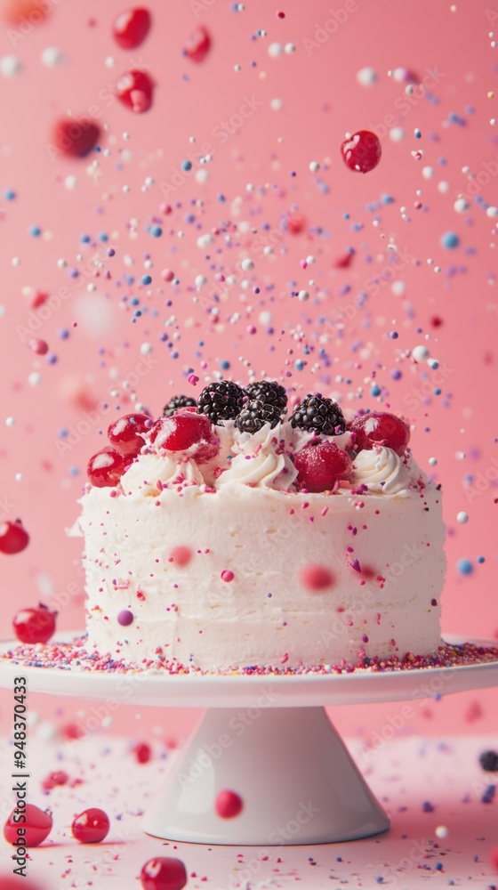 A white cake with berries and sprinkles falling around it. A white cake with berries and sprinkles falling around it.