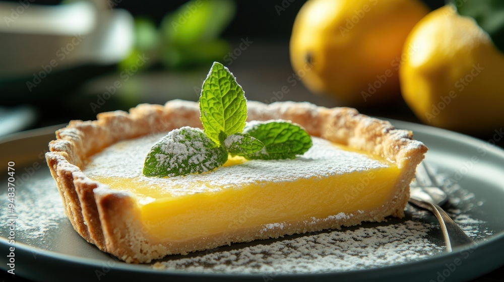 A tangy lemon tart with a buttery short crust pastry, dusted with powdered sugar and garnished with fresh mint. A tangy lemon tart with a buttery short crust pastry, dusted with powdered sugar and garnished with fresh mint.