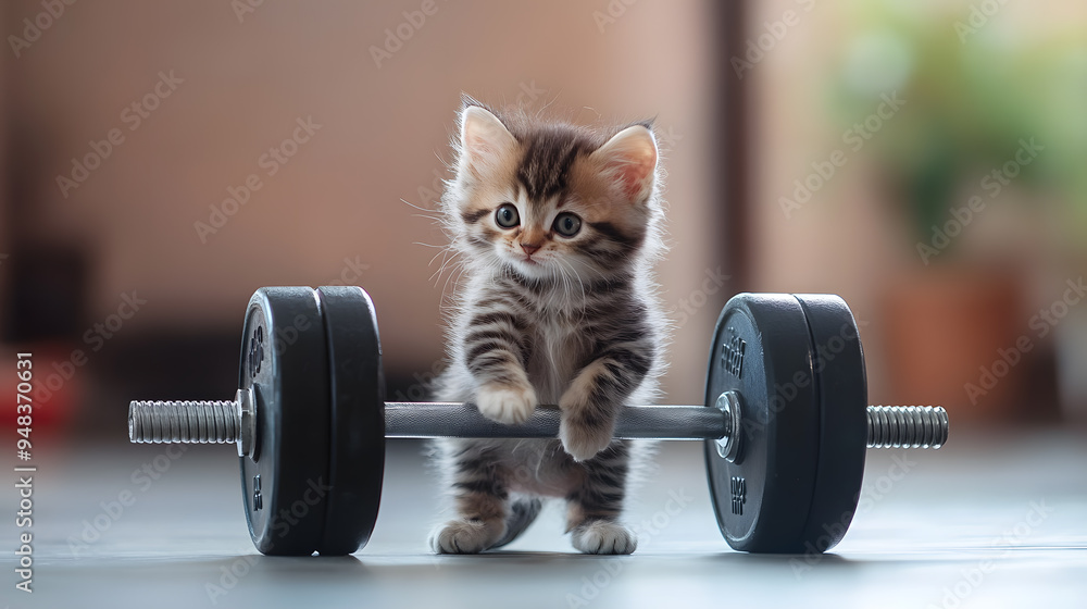 Fototapeta premium Cute small kitten lifts a large barbell