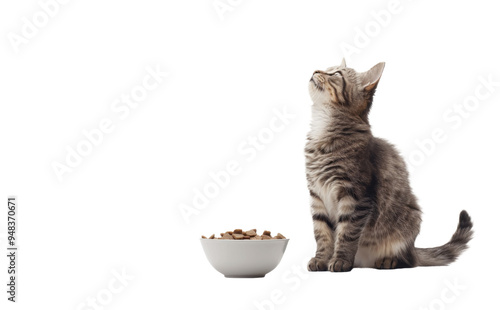 A tabby cat looks up near a bowl of food isolated on white or transparent background PNG, cats food concept photo