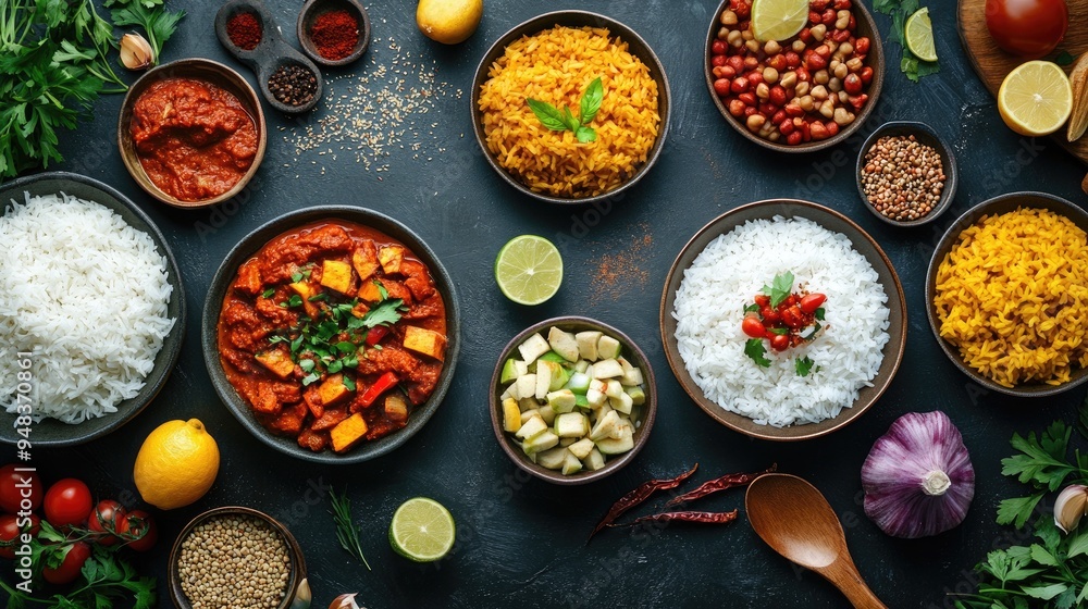 A creative flat lay of different rice-based dishes from around the world, each representing a different culture. A creative flat lay of different rice-based dishes from around the world, each representing a different culture.