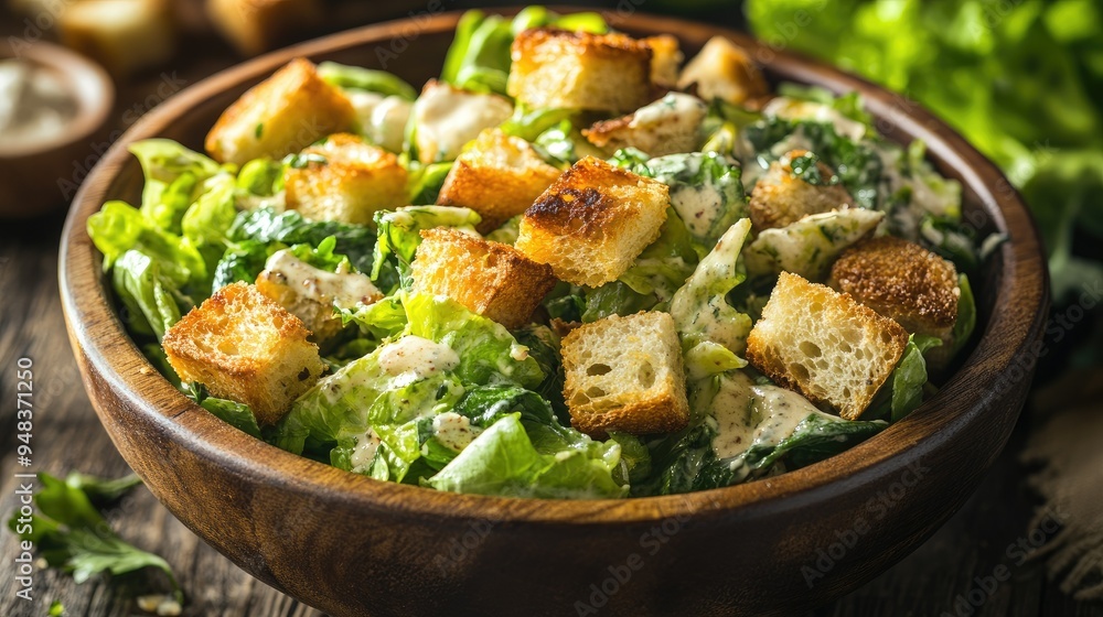 A vibrant Caesar salad on a rustic wooden table, topped with homemade dressing and perfectly toasted garlic croutons. A vibrant Caesar salad on a rustic wooden table, topped with homemade dressing and perfectly toasted garlic croutons.