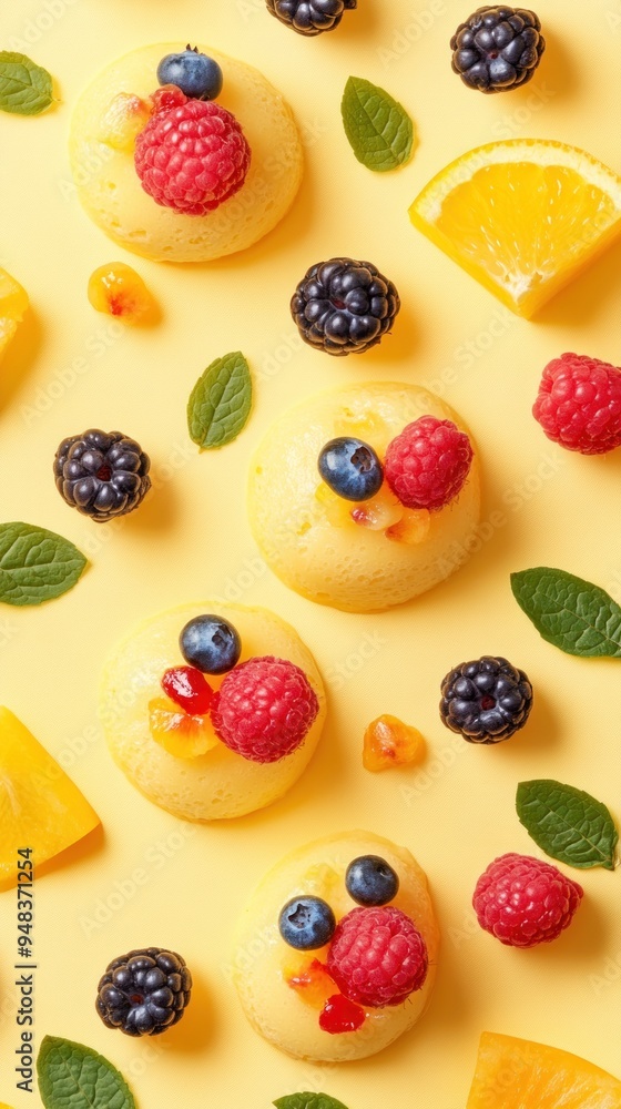 Colorful desserts topped with berries and mint leaves on a bright background. Colorful desserts topped with berries and mint leaves on a bright background.