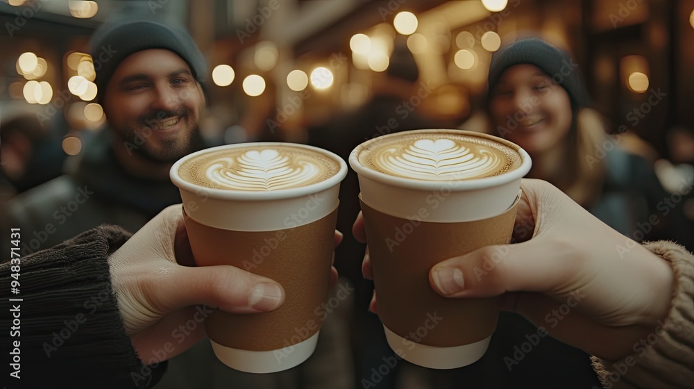 A pair of coffee cups clinking together in a celebratory toast, with friends smiling in the background, set in a bustling coffee shop. --ar 16:9 --v 6.1 Job ID: 2012a309-86dc-4fd5-b025-60f835c797f5 A pair of coffee cups clinking together in a celebratory toast, with friends smiling in the background, set in a bustling coffee shop. --ar 16:9 --v 6.1 Job ID: 2012a309-86dc-4fd5-b025-60f835c797f5