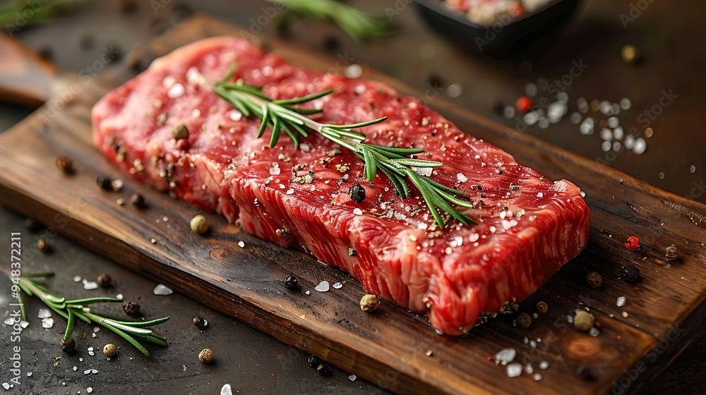 A close-up shot of a raw New York strip steak on a rustic wooden board, with coarse salt, fresh rosemary sprigs, and peppercorns scattered around, dramatic side lighting creating deep contrasts, A close-up shot of a raw New York strip steak on a rustic wooden board, with coarse salt, fresh rosemary sprigs, and peppercorns scattered around, dramatic side lighting creating deep contrasts,